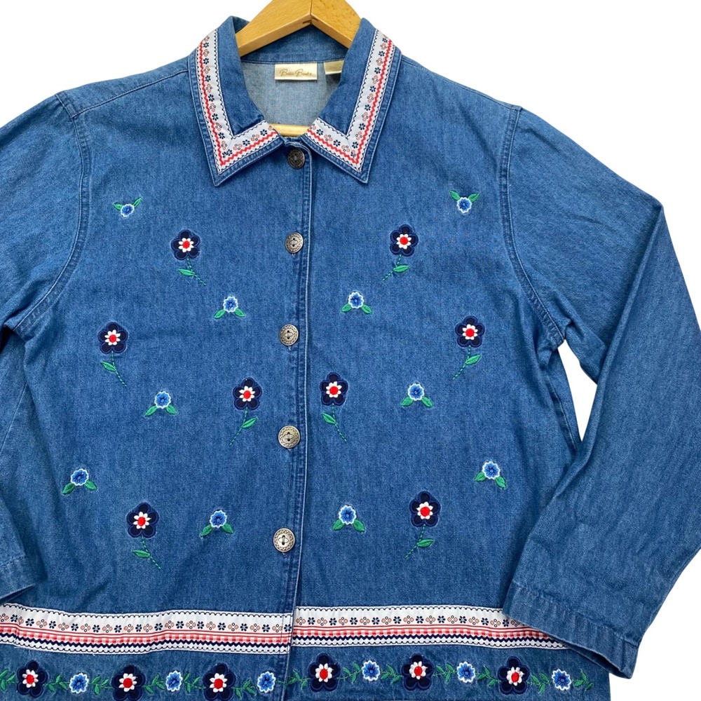 Bobbie Brooks Denim Jacket Womens L Floral Embroidered Cottagecore Button Up VTG